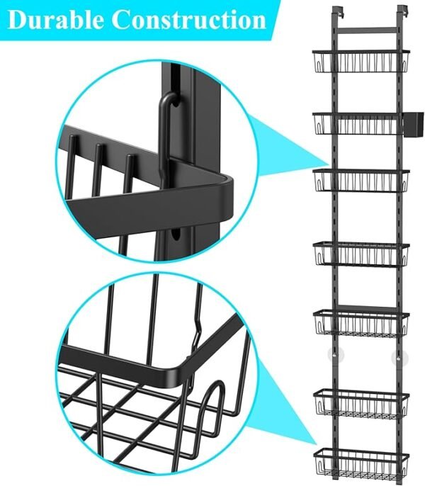 Over The Door Pantry Organizer, 7-Tier Metal Pantry Organization and Storage for Kitchen with Adjustable Shelves, Hanging Spice Seasoning Rack, Black - Image 2