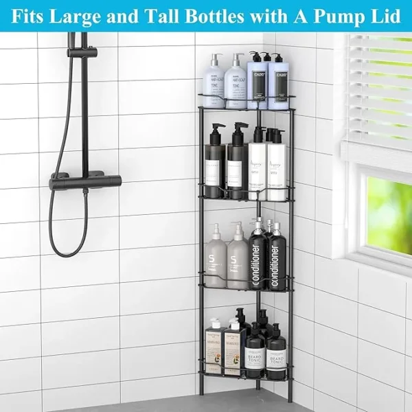 4 Tier Floor Standing Corner Shower Caddy Organizer Shelf with Hooks, Bathroom Shelves Stand Rack, Black - Image 2