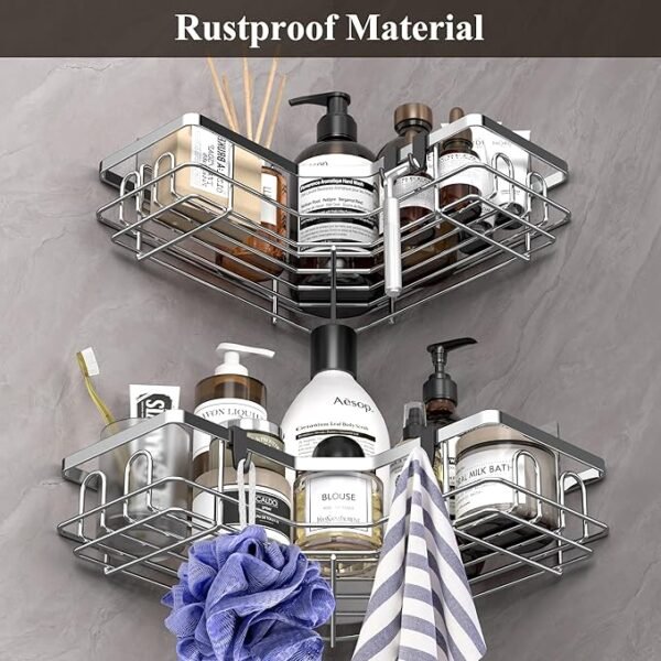 3 Pack Corner Shower Caddy Organizer Shelf with Hooks, Silver Bathroom Shelves Storage Organization - Image 2