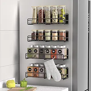 4 Pack Magnetic Spice Rack Organizer for Refrigerator and Microwave Oven, Metal Fridge Shelf for Kitchen, Matt Black