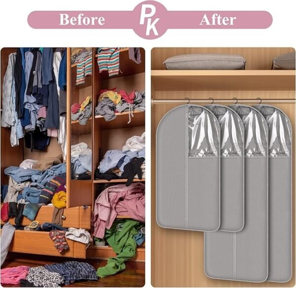 4 Pack 43’’ Gray Garment Bags for Hanging Clothes Storage Travel, Clear Dress Bags for Gowns Long, Suit Bags for Closet Storage - Image 3